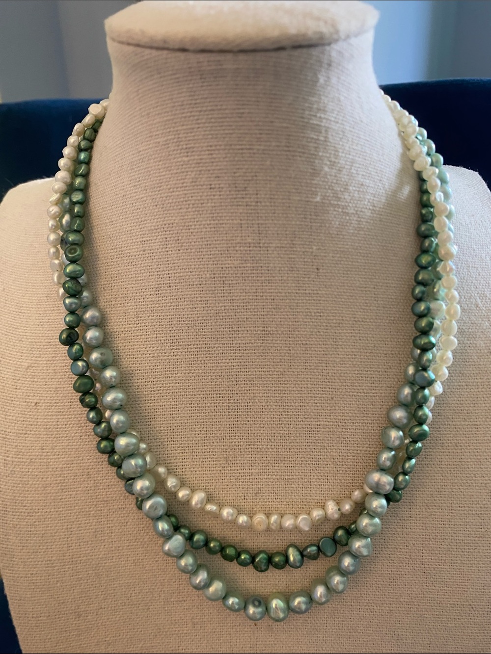 Freshwater Pearl 3-Strand Necklace Green White Silver 16”